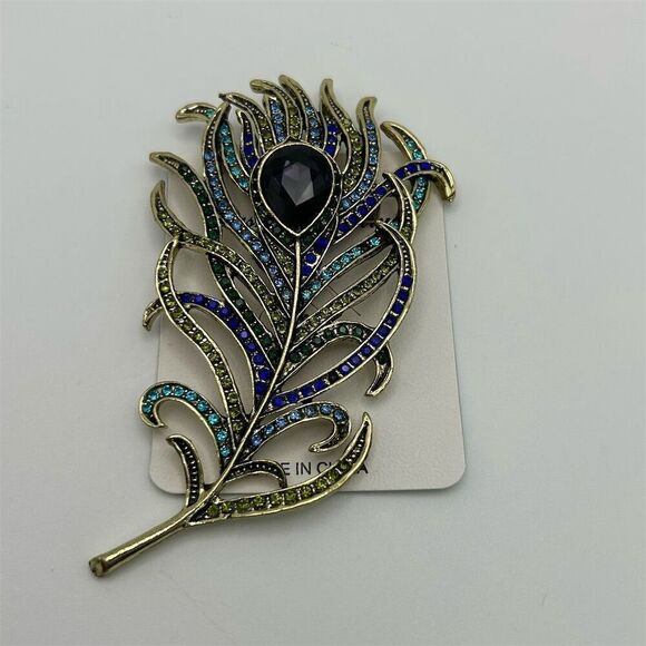 Vibrant Purple, Blue & Green Peacock Feather Rhinestone Large Statement Brooch - Picture 6 of 11
